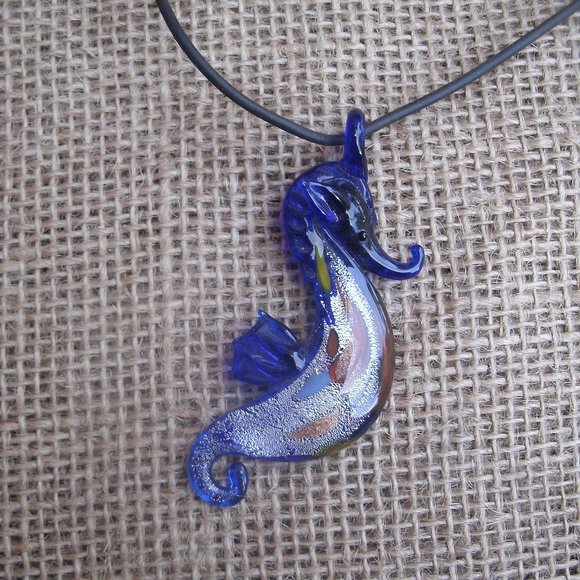 Murano Glass Blue Seahorse Pendant Necklace - Picture 1 of 16